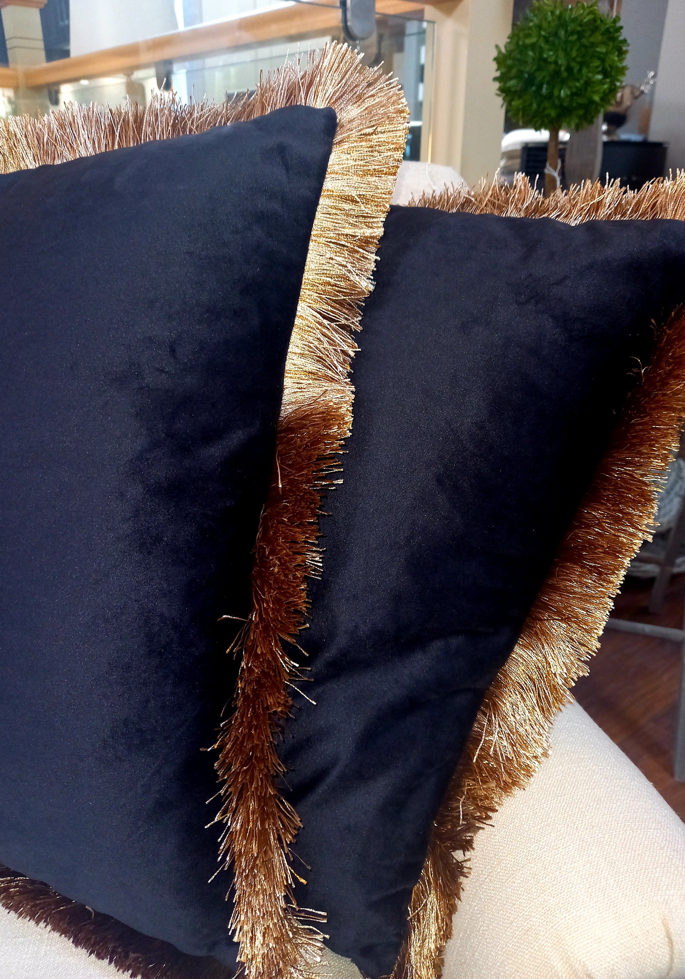 Black Velvet Cushion with Gold Fringes